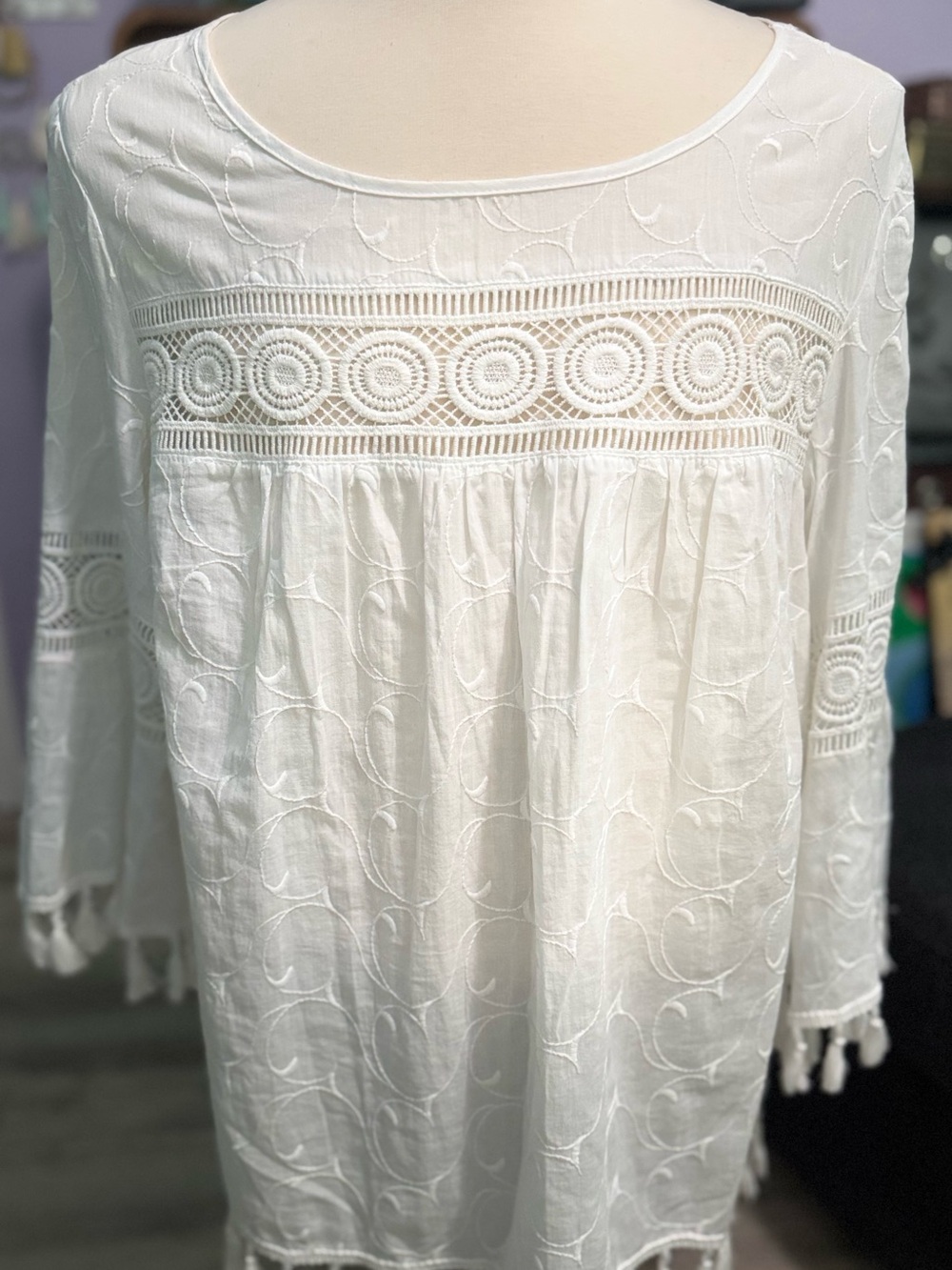 SO BOHO!! ❤️ Westport White Embroidered Crochet Yoke Peasant Top with Tassels